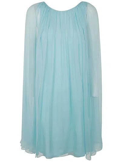 Max Mara Women Mini Light Blue Dress With Drawstring In Silk Chiffon Woman In Blue