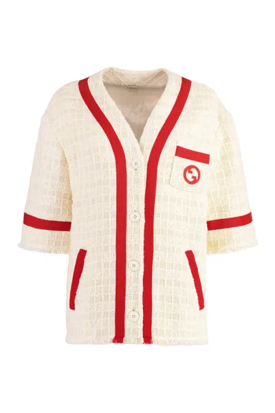 Gucci Interlocking G Textured Tweed V-neck Jacket In Ivory