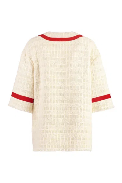 Gucci Interlocking G Textured Tweed V-neck Jacket In Ivory