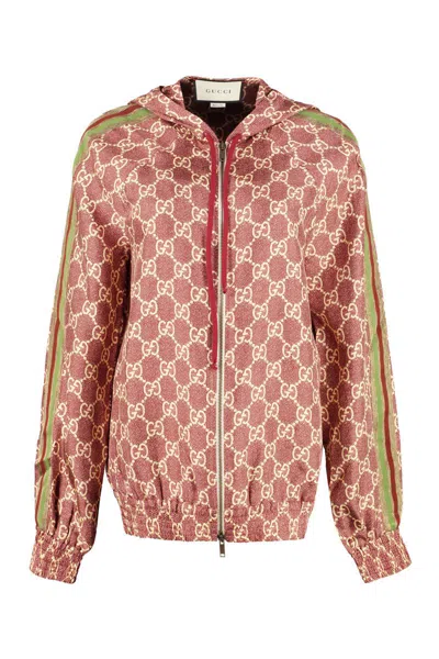 Shop Gucci Full Zip Sweatshirt With Side Stripes In Burgundy
