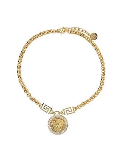 Shop Versace Crystal La Medusa Greca Necklace In Gold