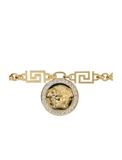 Shop Versace Crystal La Medusa Greca Necklace In Gold