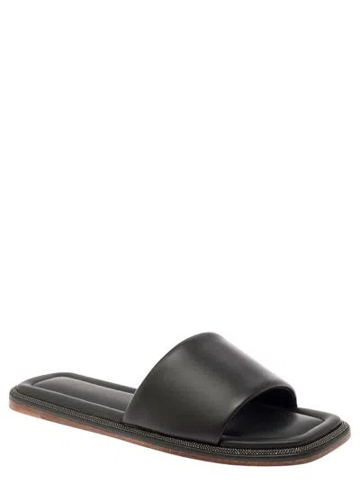 Shop Brunello Cucinelli Black Slip-on Slippers With Monile Detail In Leather Woman