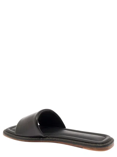 Shop Brunello Cucinelli Black Slip-on Slippers With Monile Detail In Leather Woman