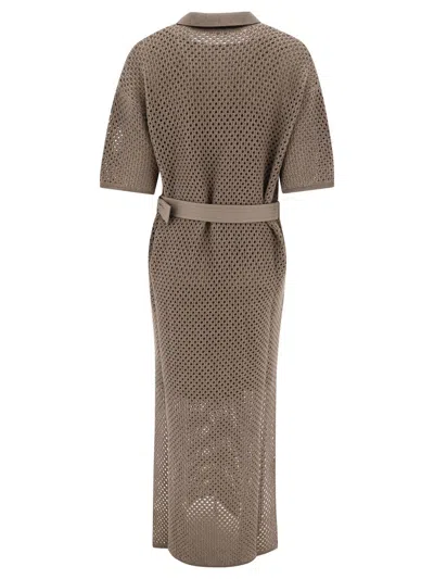 Shop Brunello Cucinelli Net Knit Dress With Belt In Brown
