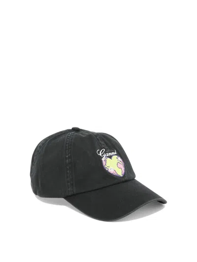 Shop Ganni Cap With Graphic Embroidery In Black