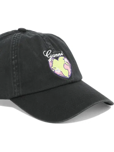 Shop Ganni Cap With Graphic Embroidery In Black