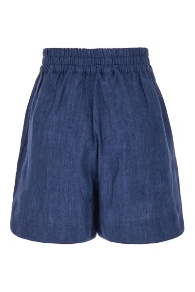 Shop Palm Angels Blue Shorts With Monogram In Linen Woman