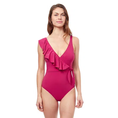 Shop Profile By Gottex Tutti Frutti V Neck One Shoulder Ruffle One Piece Swimsuit In Red