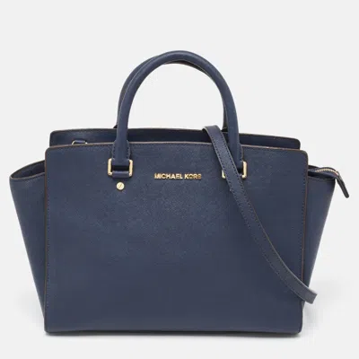 Shop Michael Michael Kors Navy Saffiano Leather Large Selma Tote In Blue