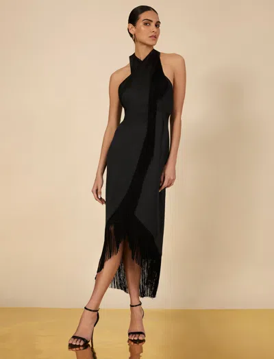 Shop Bcbgmaxazria Arla Halter Fringe Dress In Black
