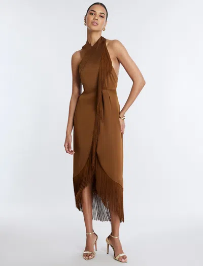 Shop Bcbgmaxazria Arla Halter Fringe Dress In Monks Robe