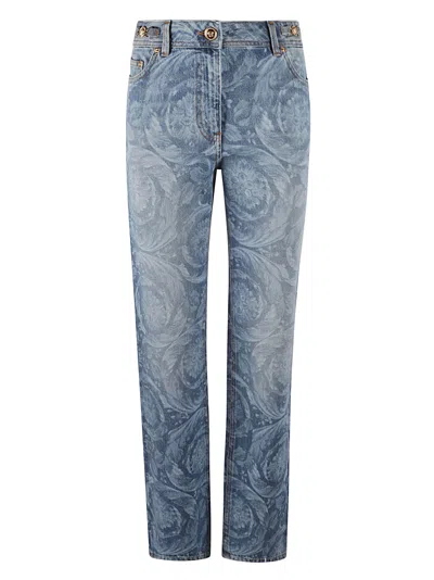 Shop Versace Laser Stone Wash Baroque Jeans In Medium Blue