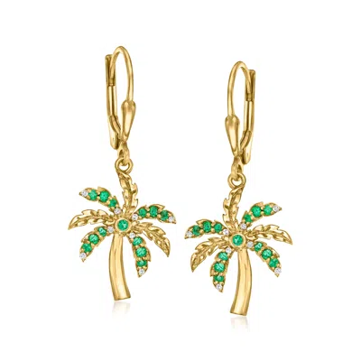 Ross-simons Emerald Palm Tree Drop Earrings With Diamond Accents In 18kt Gold Over Sterling In Green