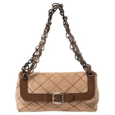 Shop Moschino Beige/brown Suede And Leather Buckle Flap Shoulder Bag