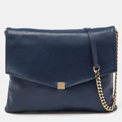 Shop Carolina Herrera Navy Leather Envelope Chain Shoulder Bag In Blue