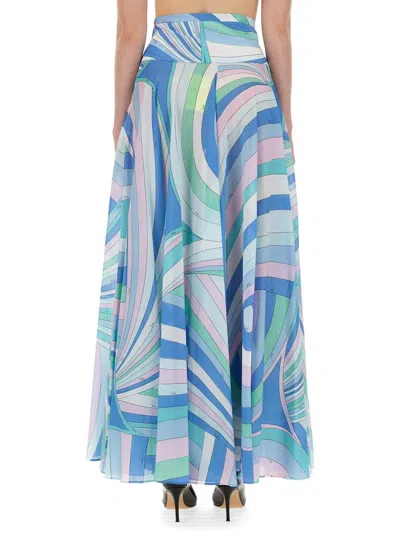 Shop Pucci Long Skirt With Iris Print In Baby Blue