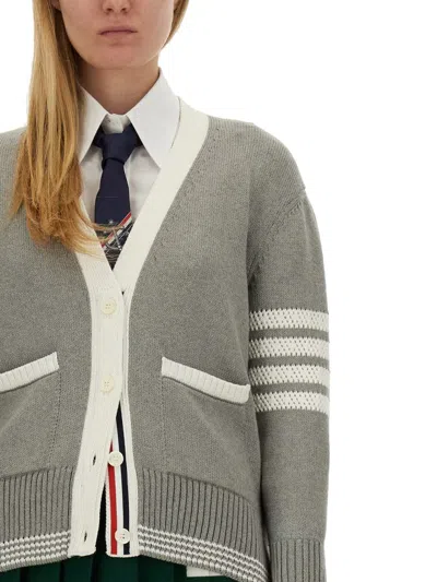 Shop Thom Browne "4bar Stripe" Cardigan In Grey