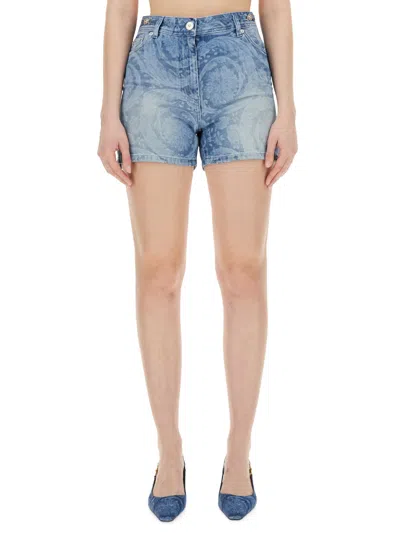 Shop Versace Denim Shorts In Blu
