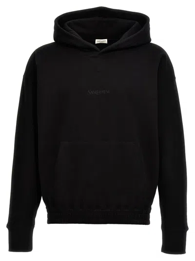 Shop Saint Laurent Logo Embroidery Hoodie Sweatshirt Black