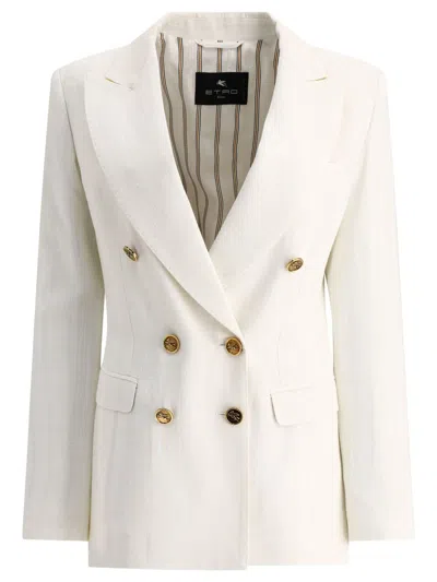 Shop Etro Double-breasted Blazer In Slub Fabric In White