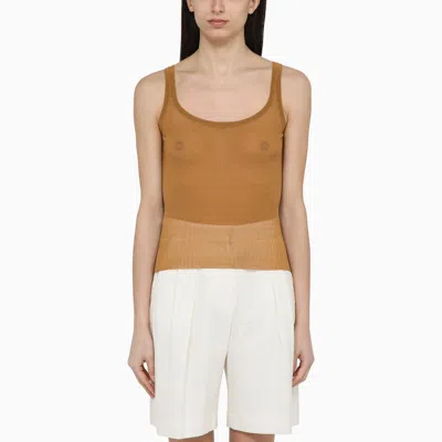 Shop Max Mara Leather-coloured Ribbed Silk Tank Top In Brown