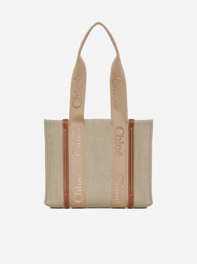 Shop Chloé Woody Linen Medium Tote Bag In Soft Tan
