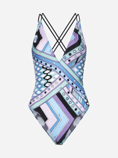 Shop Pucci Very Vivara Print Swimsuit In Sky Blue,white