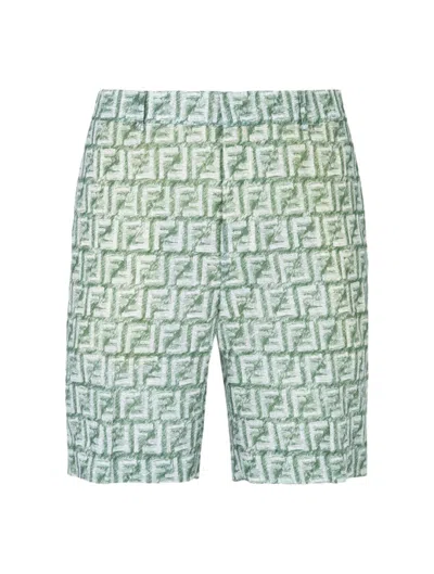 Shop Fendi Green Ff Linen Short Trousers In Nude & Neutrals