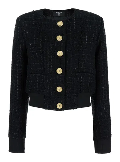 Shop Balmain Black Crop Cardigan With Buttons In Tweed Woman