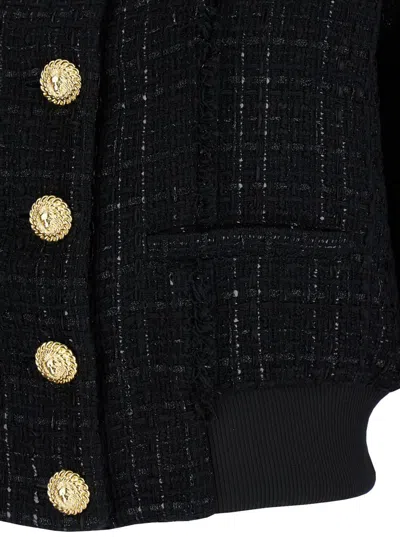 Shop Balmain Black Crop Cardigan With Buttons In Tweed Woman