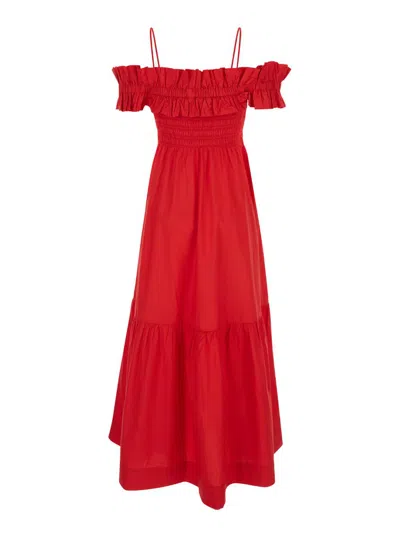Shop Ganni Cotton Poplin Long Smock Dress In Red