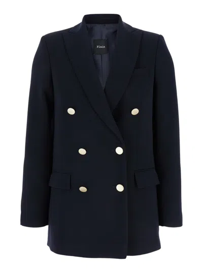Shop Plain Blue Double-breasted Jacket With Golden Buttons In Cady Woman