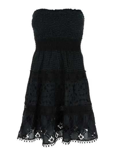 Shop Temptation Positano Black Short Embroidered Dress In Cotton Woman