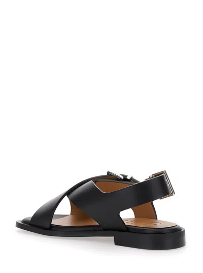 Shop Ganni Black Sandals With Criss Cross Straps In Leather Woman
