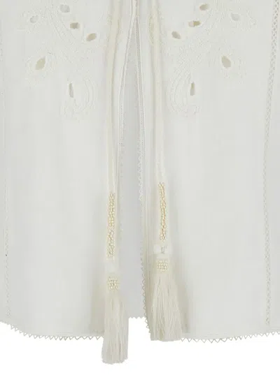 Shop Twinset White Jacket With Drawstring In Perforated Cotton And Linen Woman