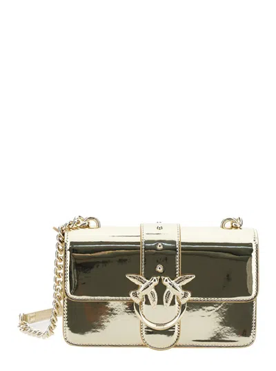 Shop Pinko 'mini Love Bag One Mirror' Gold Crossbody Bag With Love Birds Diamond Cut Buckle In Laminated Mirror In Grey