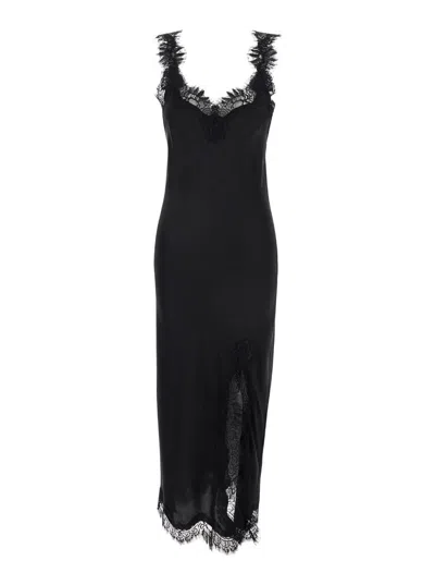 Shop Gold Hawk 'miley' Long Black Dress With Tonal Lace Trim In Silk Woman