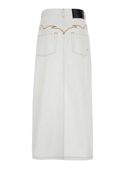 Shop Pinko Long White Skirt With Maxi Slit And Tribal Embroidery In Cotton Denim Woman