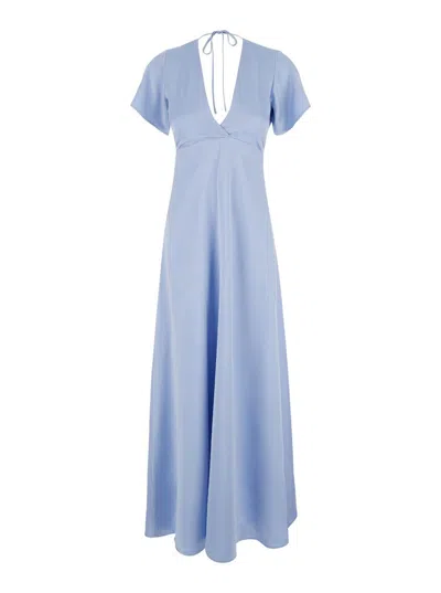 Shop Plain Long Light Blue Dress With Bow At The Back In Fabric Woman