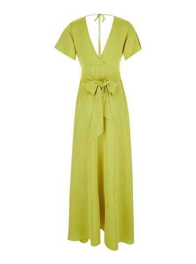 Shop Plain Long Lime Dress With Bow At The Back In Fabric Woman In Green