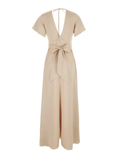 Shop Plain Long Beige Dress With Bow At The Back In Fabric Woman