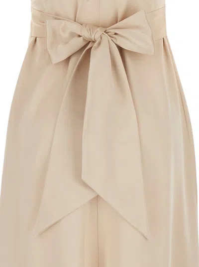 Shop Plain Long Beige Dress With Bow At The Back In Fabric Woman