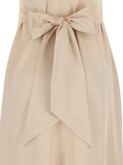 Plain Long Beige Dress With Bow At The Back In Fabric In Beige