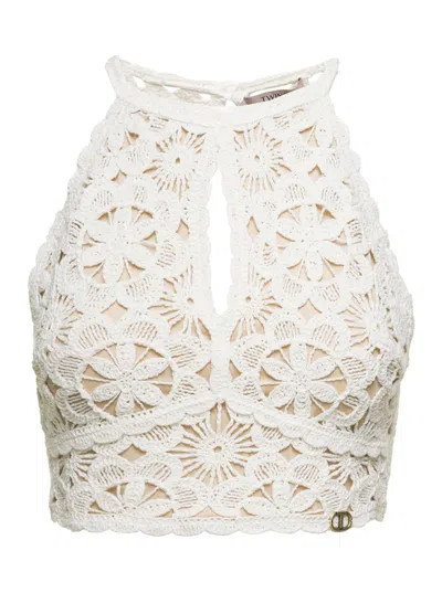 Shop Twinset White Top With Crochet Work In Cotton Woman