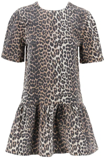 Shop Ganni Leopard Print Denim Mini Dress In Mixed Colours
