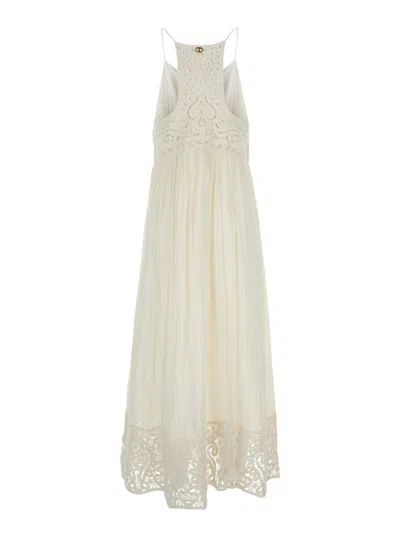 Shop Twinset White Long Dress With Embroidered Motifs In Cotton Blend Woman
