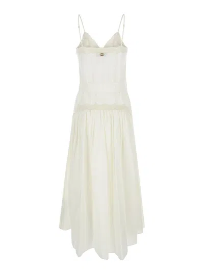 Shop Twinset Long Cream White Dress With Embroideries And Matching Belt In Cotton Woman