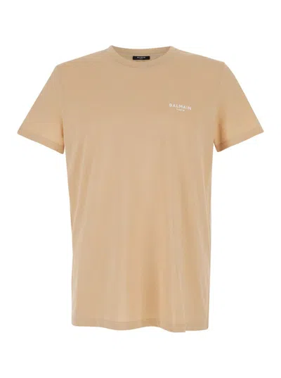 Shop Balmain Beige T-shirt With Logo Lettering Embroidery In Cotton Man