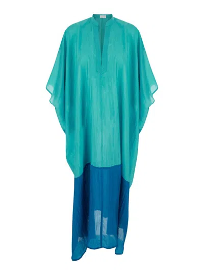 Shop The Rose Ibiza Blue And Light Blue Bicolor Tunic With Cap Sleeves In Silk Woman